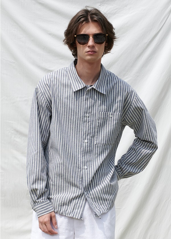 (MEN) 스트라이프 캐주얼 포켓 셔츠 (MEN) Striped Casual Pocket Shirt