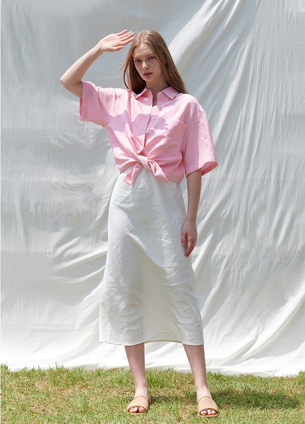세미 오버핏 린넨 하프슬리브 셔츠 핑크 Semi-overfit Linen Half-sleeve Shirt Pink